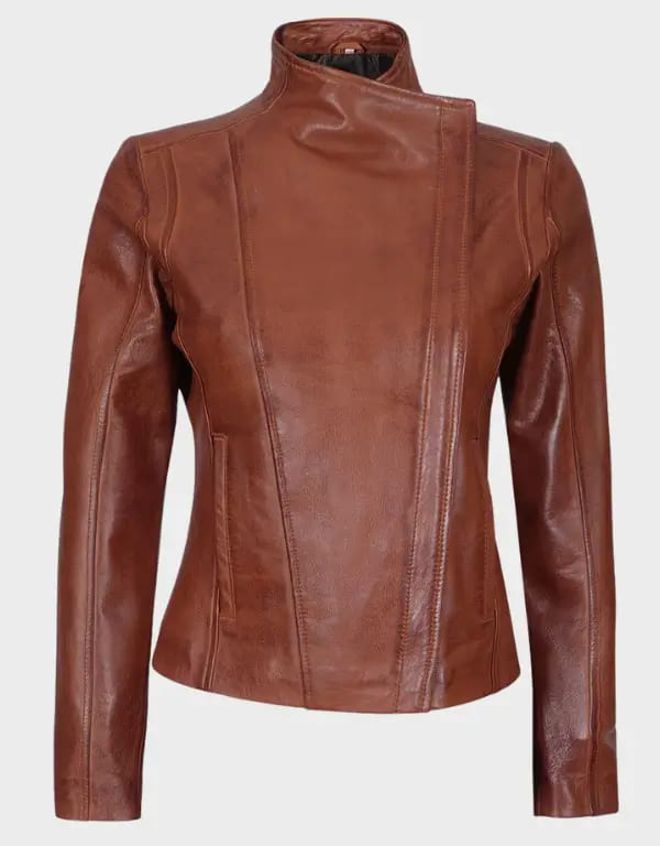 Arezzo Cognac Cafe Racer Style Women’s Leather Jacket