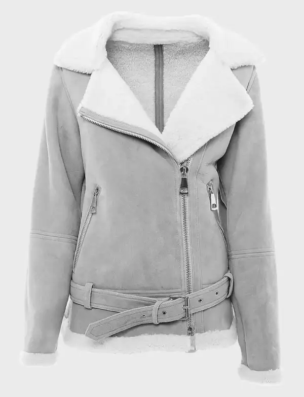 Women’s Asymmetrical Belted Grey Suede Shearling Jacket