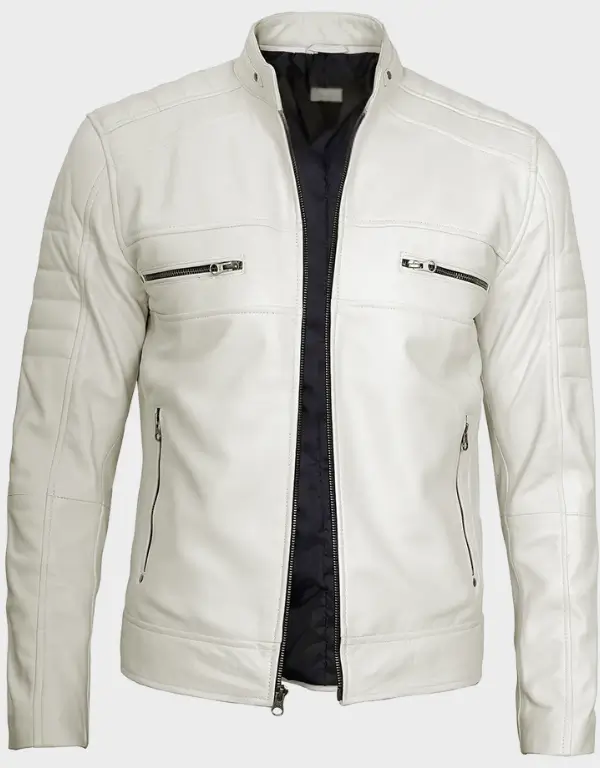 Off White Men Cafe Racer Leather Jacket