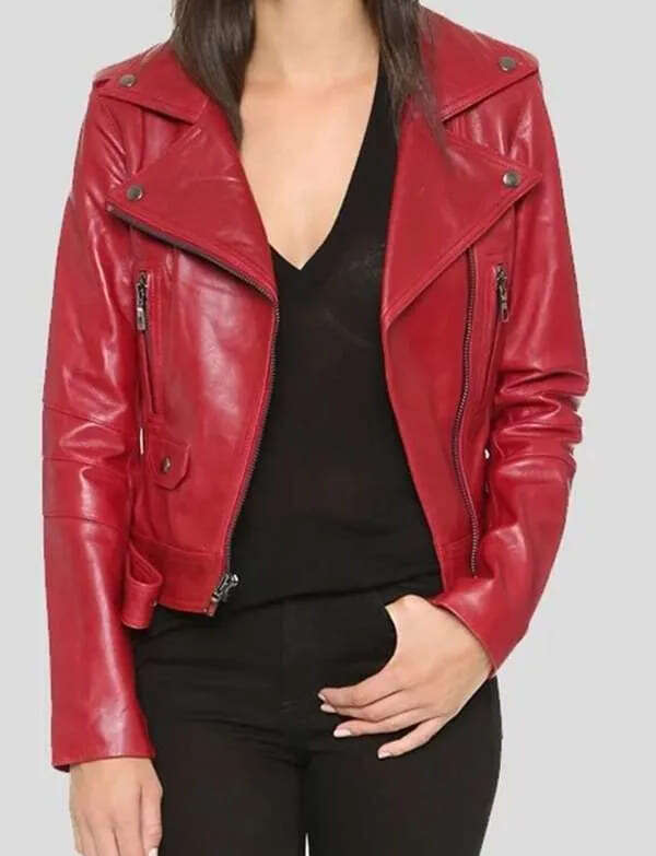 Red Biker Real Leather Jacket For Women