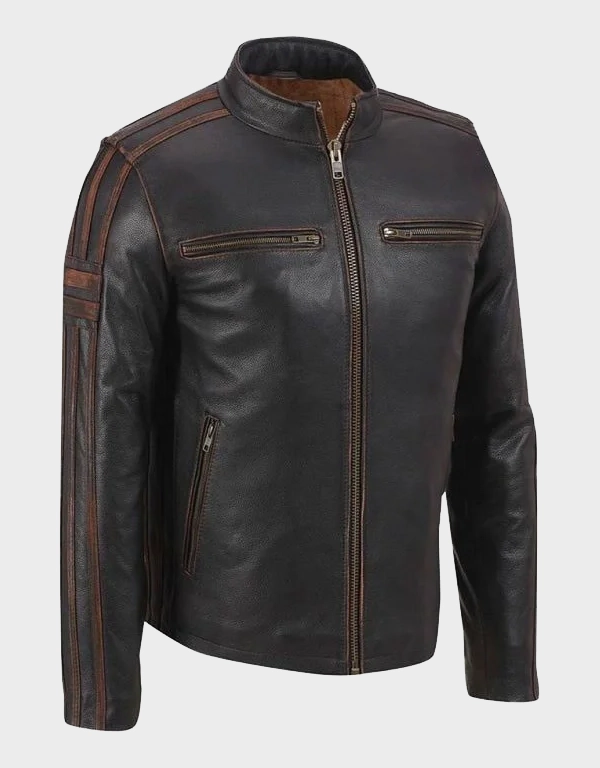 Stripe Brown Cafe Racer Leather Jacket For Men