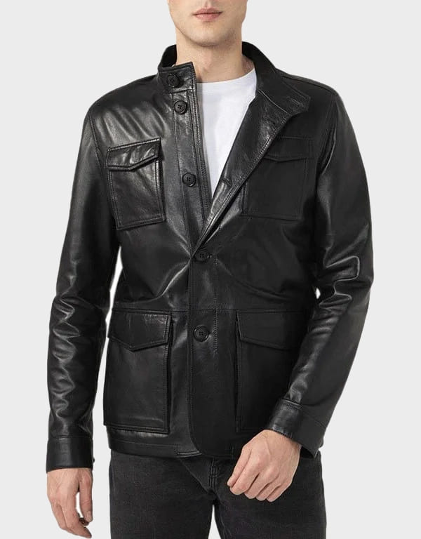 Men’s Black Leather Jacket with Flap Pockets