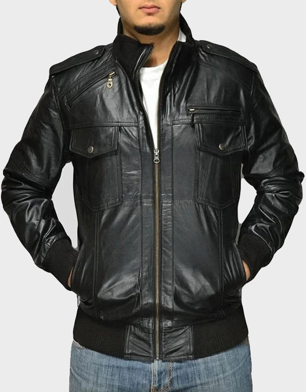 Black Leather Bomber Jacket Men