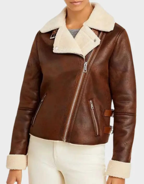 Women’s Brown Leather Motorcycle Shearling Jacket