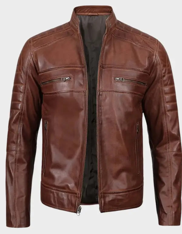 Brown Distressed Leather Cafe Racer Jacket