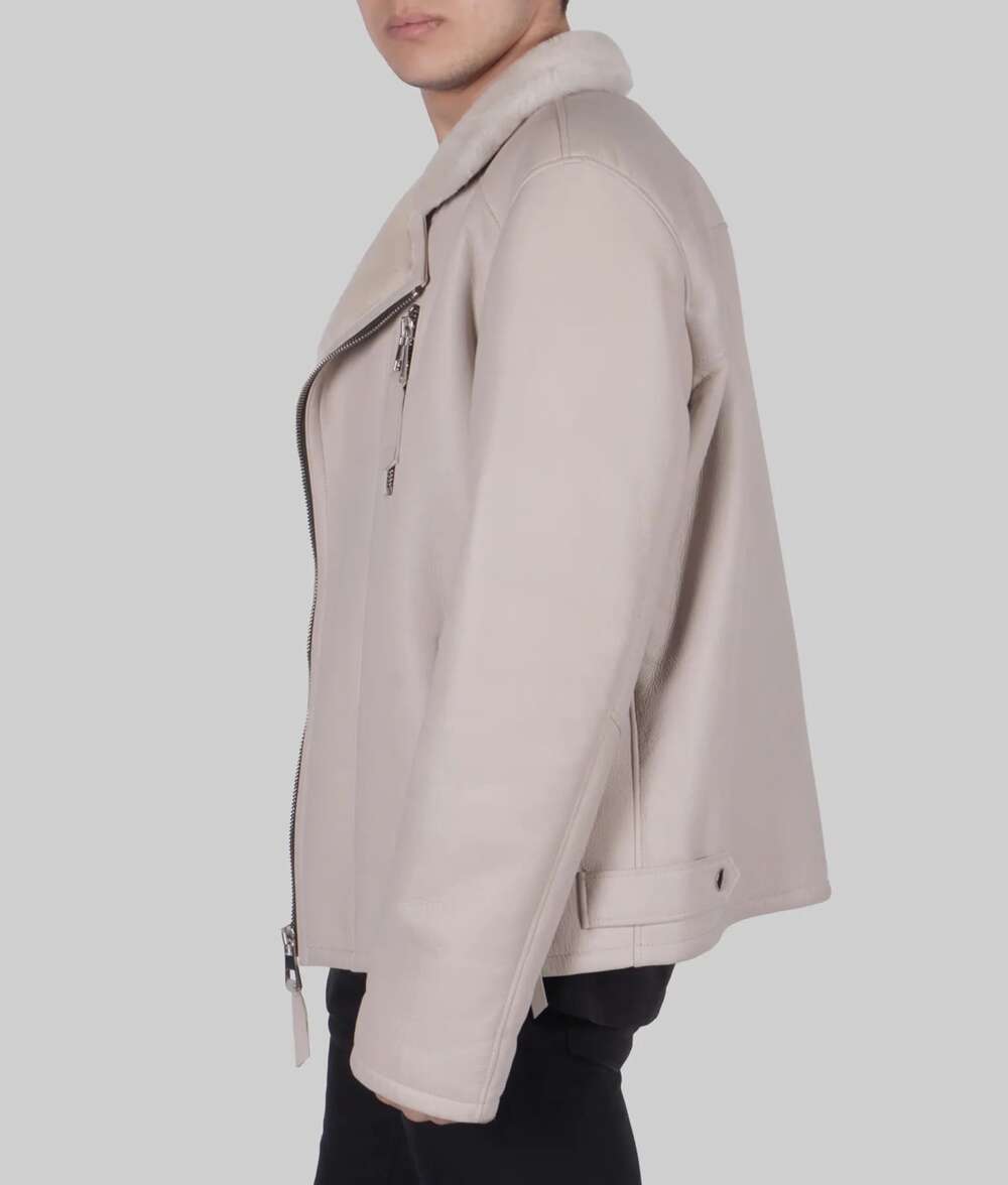 Stylish Colonel Men’s Cream Bomber Leather Jacket - Image 3