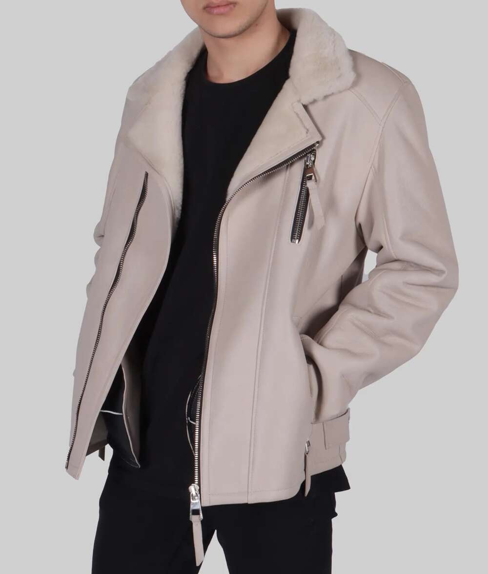 Stylish Colonel Men’s Cream Bomber Leather Jacket - Image 2