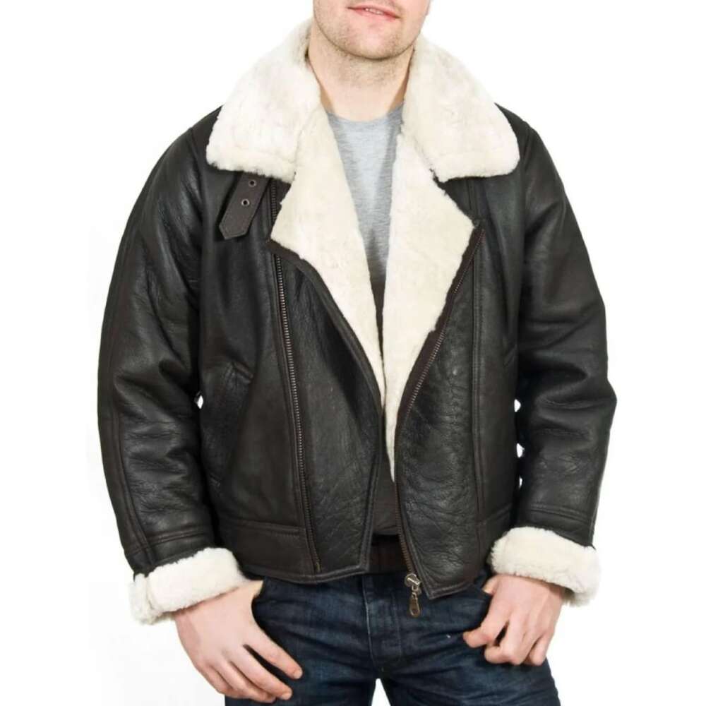 Men’s Shearling Sheepskin Flying Jacket – Cream Wool - Image 2