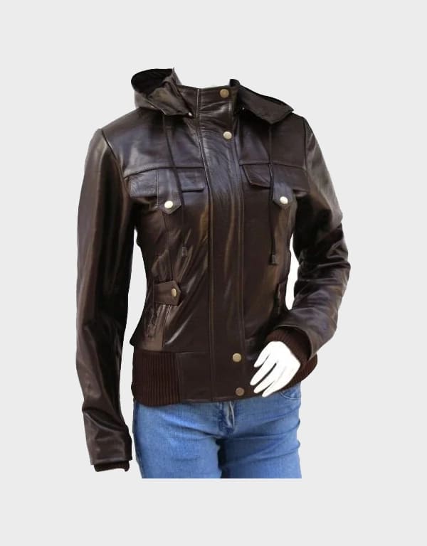 Trendy Brown Leather Bomber Jacket for Women