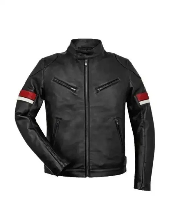 Men’s Black Leather Red and White Striped Cafe Racer Jacket