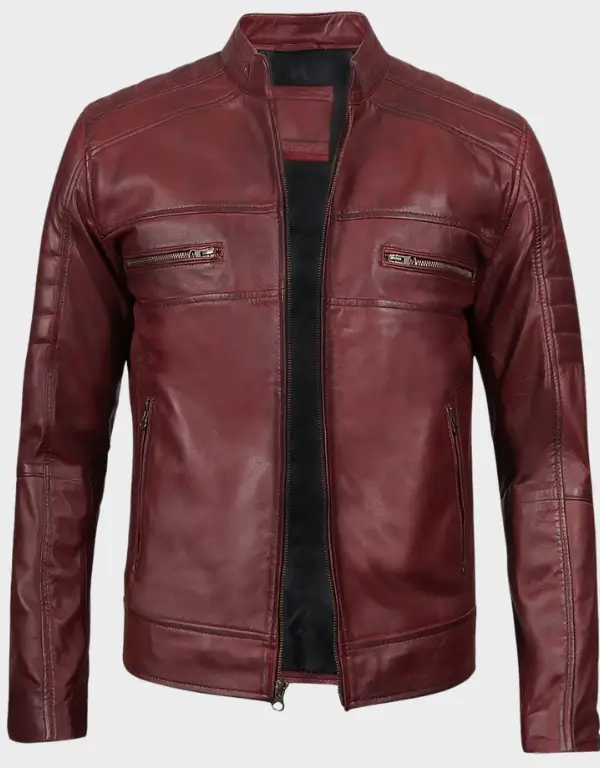Men’s Burgundy Cafe Racer Leather Jacket