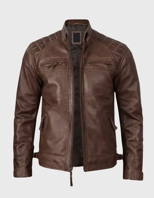 Mens Quilted Shoulder-Chocolate Brown Cafe Racer Leather Jacket