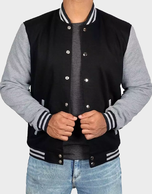Men’s Black Varsity Jacket with Grey Sleeves – Classic Bomber Style