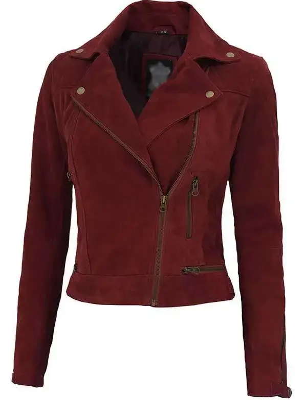 Classic Women’s Red Biker Suede Leather Jacket