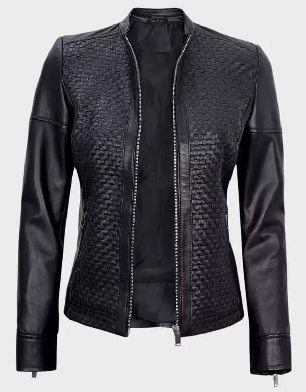 Women’s Black Leather Cafe Racer Textured Jacket