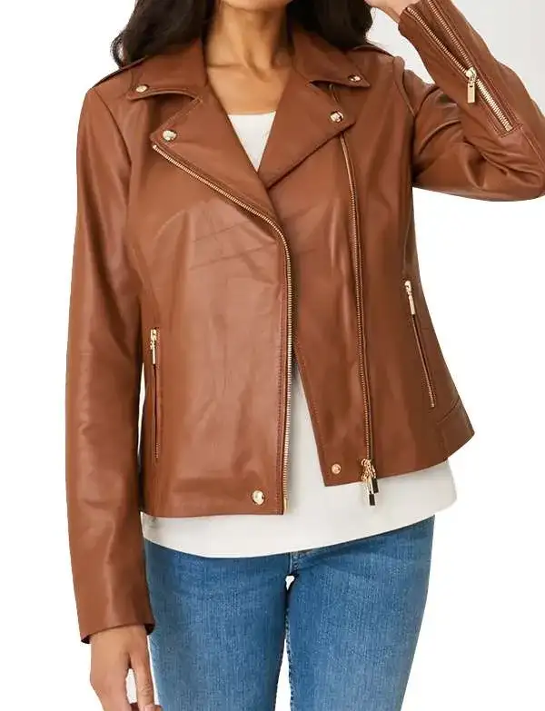 Women Casual Biker Brown Leather Jacket
