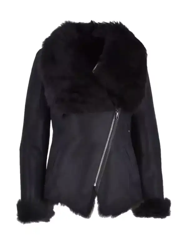 Black Leather Shearling Jacket For Women