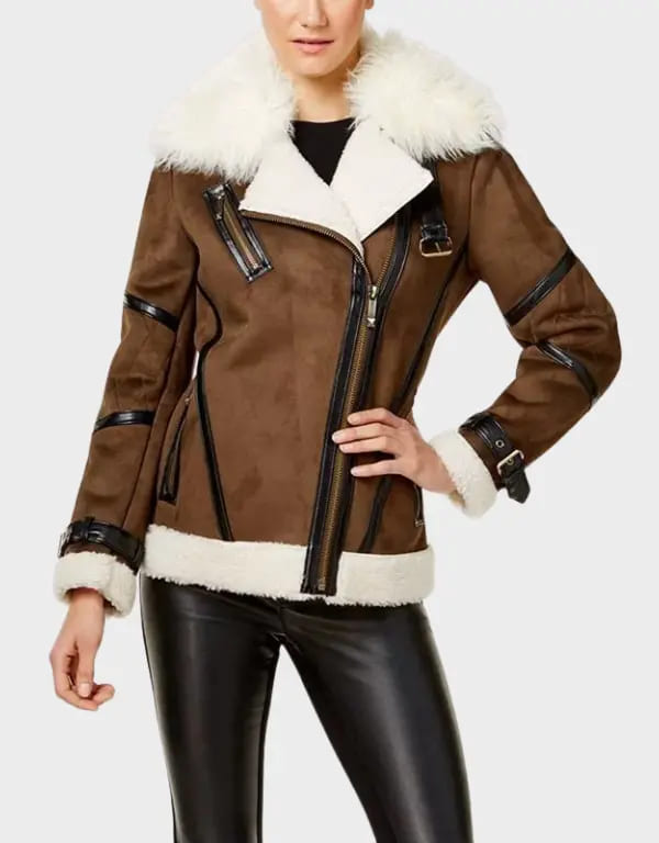 Women’s Brown Asymmetrical Shearling Leather Jacket