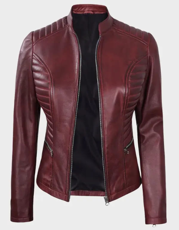 Women’s Burgundy Leather Cafe Racer Jacket