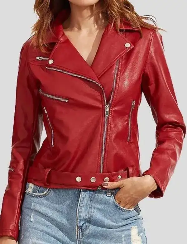 Women’s Fashion Belted Red Biker Leather Jacket