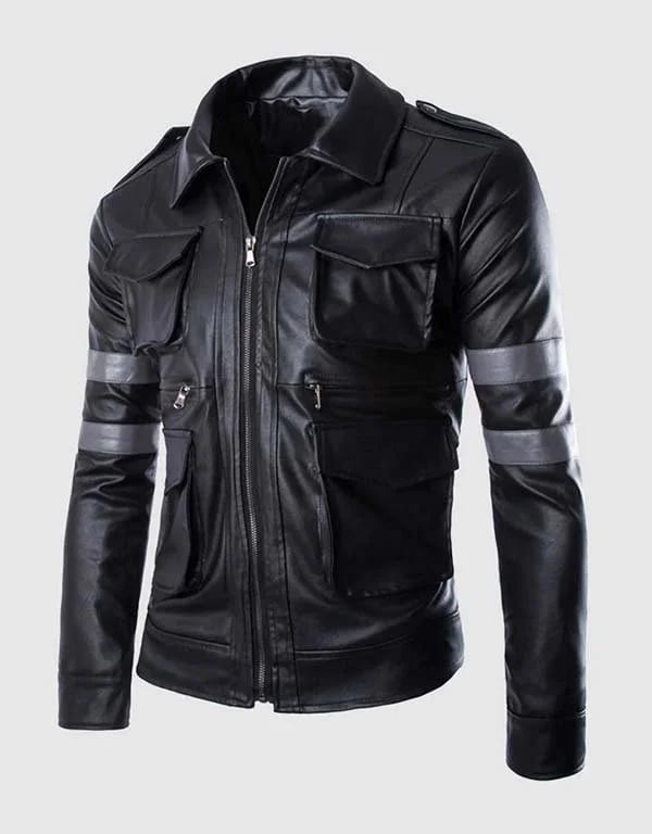 Mens Black Leather Jacket with Gray Stripes