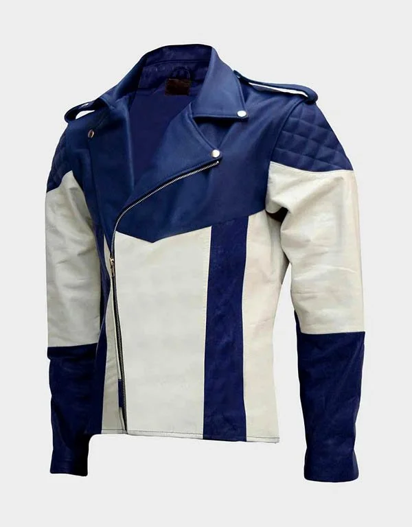 Mens Blue & White Biker Leather Jacket