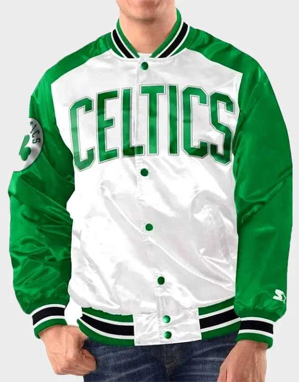Boston Celtics Satin White and Kelly Green Varsity Jacket