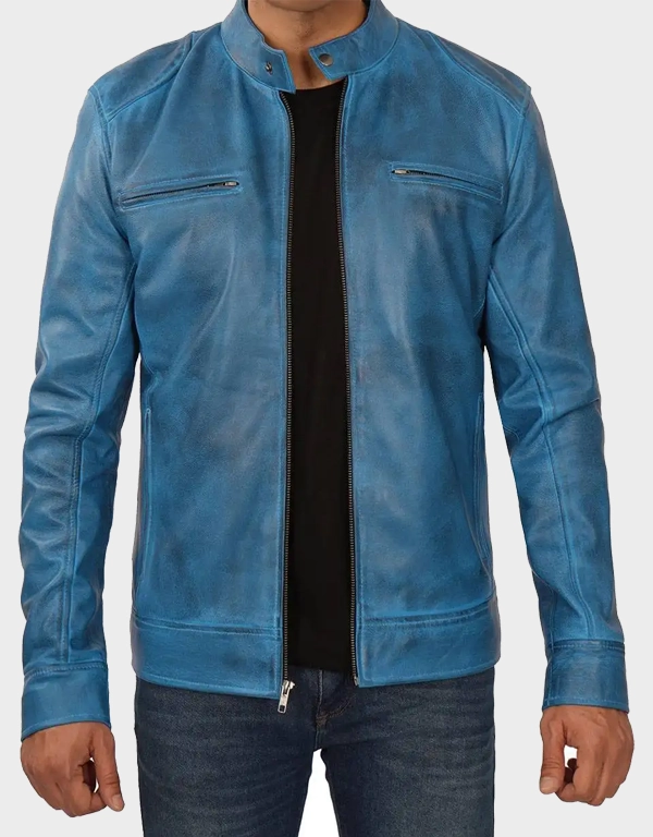 Dodge Café Racer Men’s Blue Leather Jacket