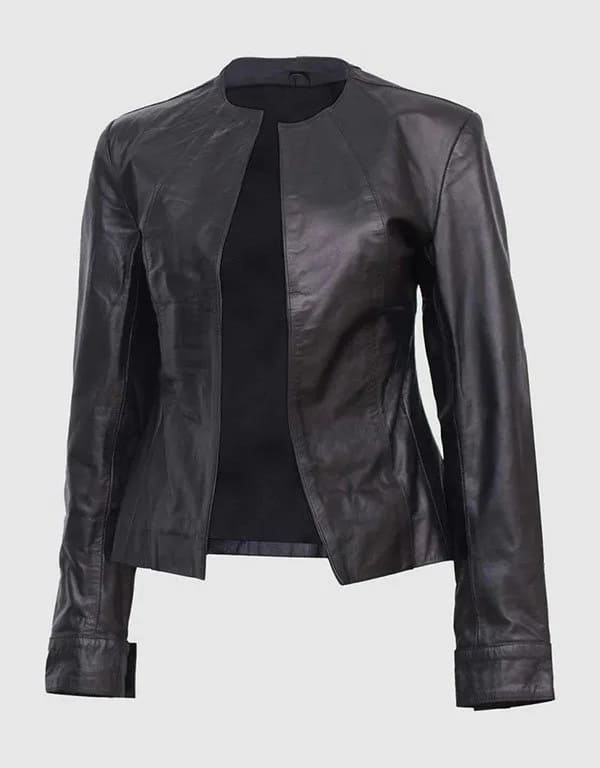 Women Black Collarless Leather Jacket