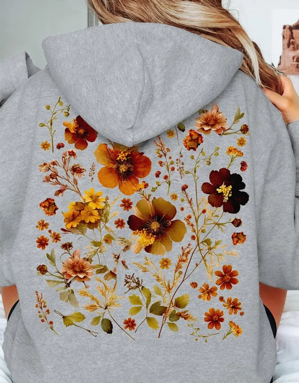 Floral Embroidered Botanical Pressed Flowers Hoodie In Grey