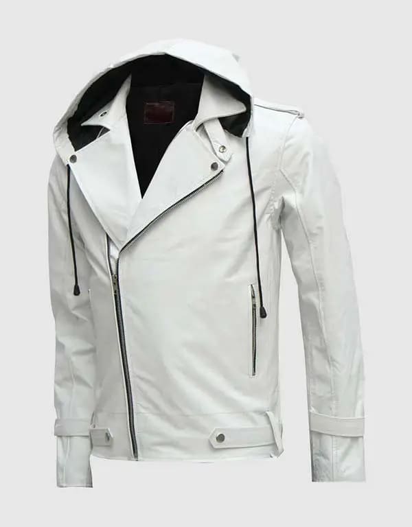 Men’s White Hooded Leather Jacket