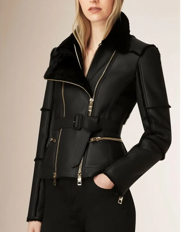 Black Leather & Faux Shearling Biker Jacket