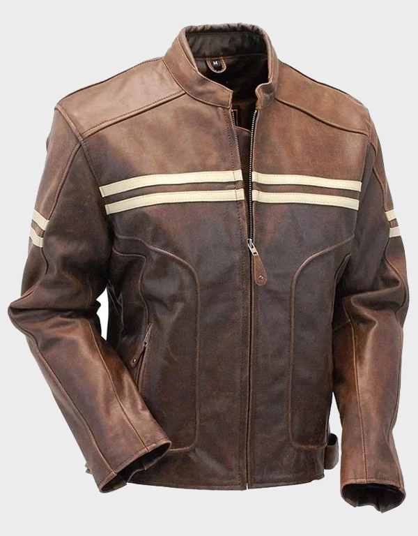 Men’s Double Stripe Leather Biker Jacket | Bold Motorcycle Style