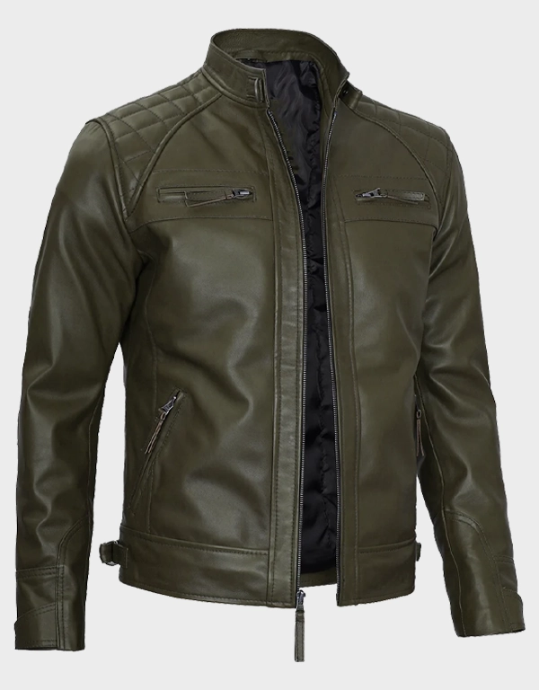 Men’s Olive Green Café Racer Leather Jacket | Quilted Shoulder Style