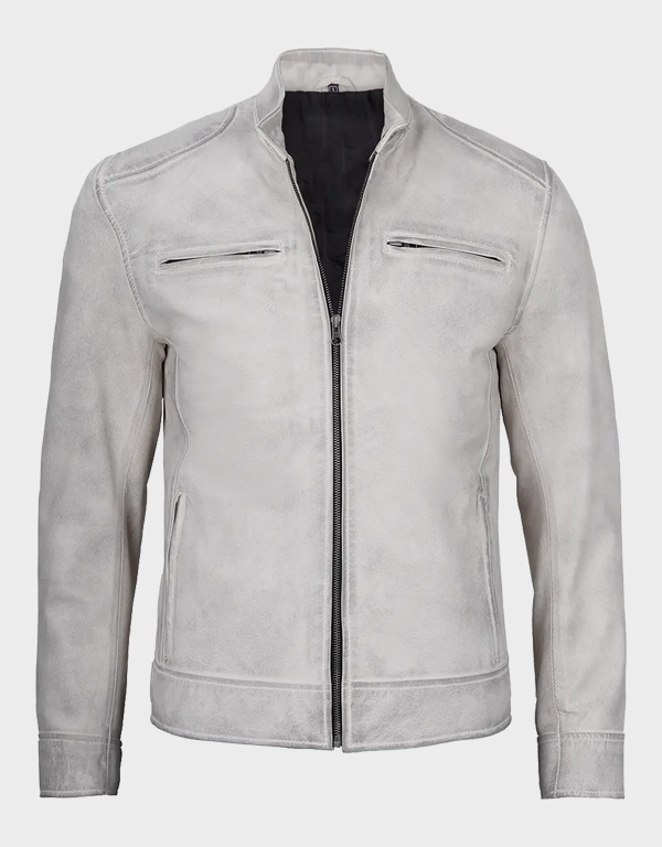 Men’s Off-White & Gray Waxed Café Racer Leather Jacket