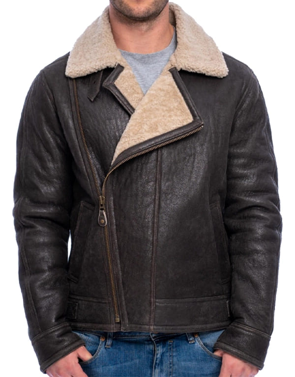 Mens Shearling Sheepskin Flying Jacket Aged Crinkle Brown