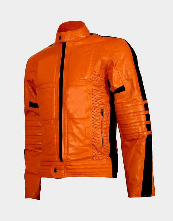 Mens Slim Fit Padded Orange Leather Biker Jacket