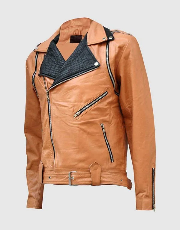 Men Tan Leather Motorcycle Jacket