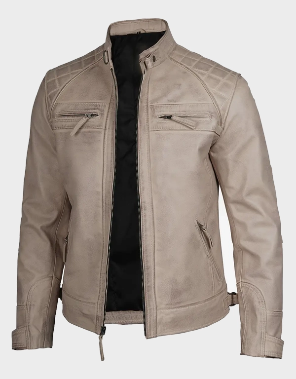 Men’s Warm Beige Café Racer Leather Jacket – Quilted & Stylish