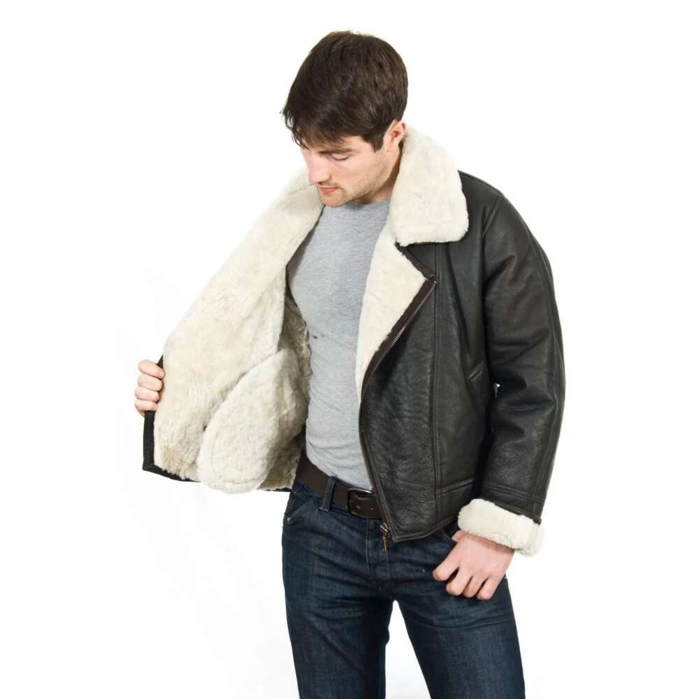 Men’s Shearling Sheepskin Flying Jacket – Cream Wool - Image 3