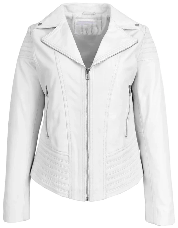 Emily Women’s Real Leather Biker Jacket – Trendy & Fitted in White