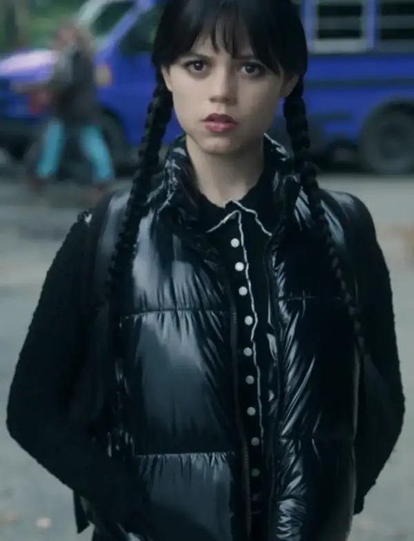 Wednesday Addams shiny black puffer vest
