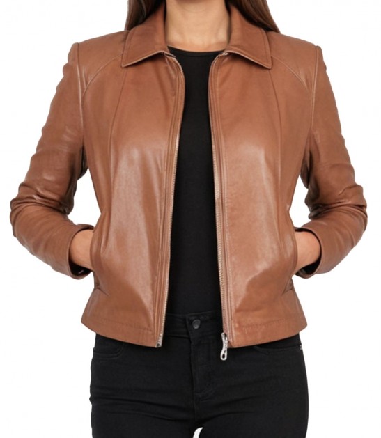 Women Casual Brown Genuine Leather Jacket