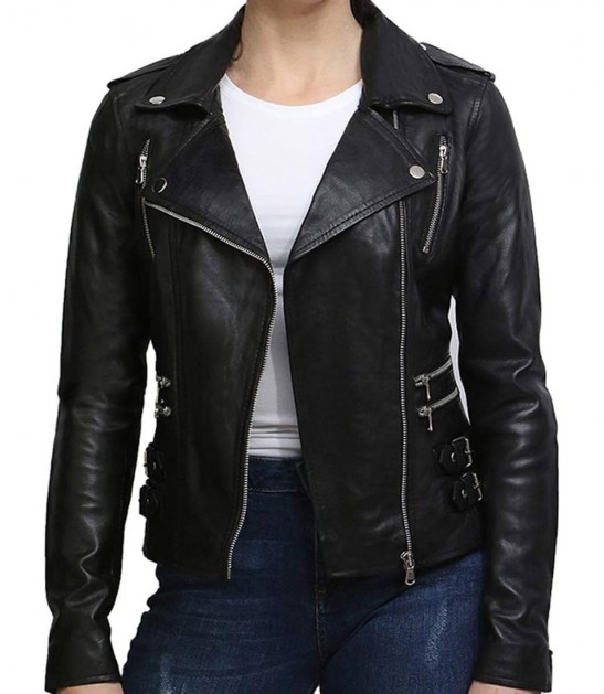 Women Vintage Black Motorcycle Leather Jacket