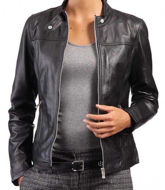 Womens Cafe Racer Cropped Black Leather Jacket
