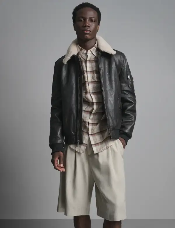 Jimmy Leather Aviator Bomber Jacket With Shearling Collar